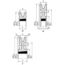 Keilriemenscheiben für Taper-Spannbuchsen, Profil B, SPB und XPB (17), 1-rillig, Technische Zeichnung