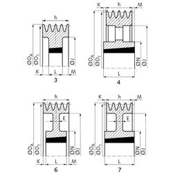 Keilriemenscheiben für Taper-Spannbuchsen, Profil B, SPB und XPB (17), 4-rillig, Technische Zeichnung